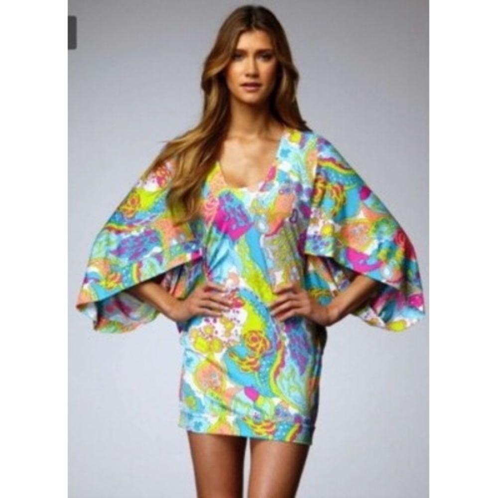 Trina Turk‎ Psychedelic Paisley V-Neck Split Sleeve Tunic Dress Small